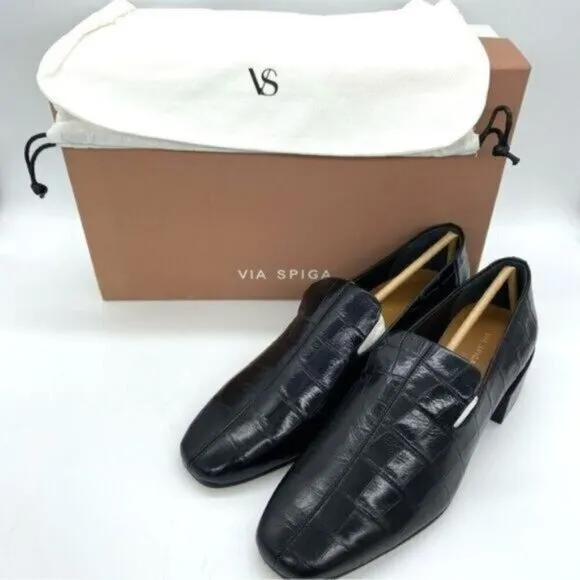 Via Spiga Women's Baudelaire Loafer Black Embossed Leather New