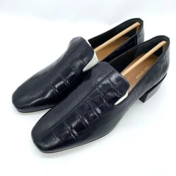 Via Spiga Women's Baudelaire Loafer Black Embossed Leather New