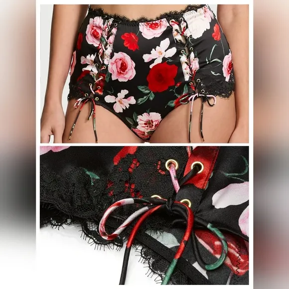 Victoria's secret luxe silk satin lace trim high waist brief panty ROSES