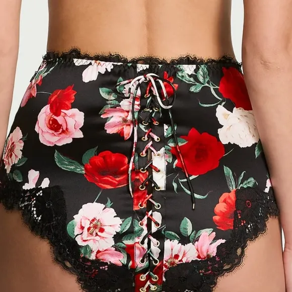 Victoria's secret luxe silk satin lace trim high waist brief panty ROSES