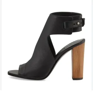 Vince Addie wood block black leather ankle wrapped heeled bootie sandals. 10