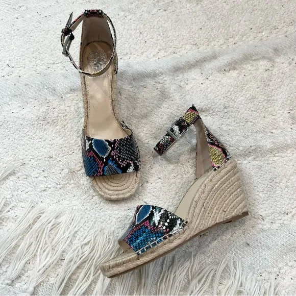 Vince Camuto BLACK RAINBOW leather snake print espadrille wedge sandals