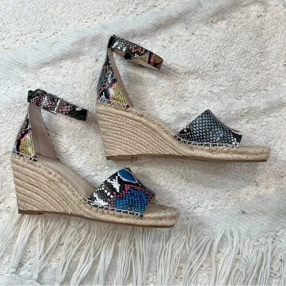 Vince Camuto BLACK RAINBOW leather snake print espadrille wedge sandals