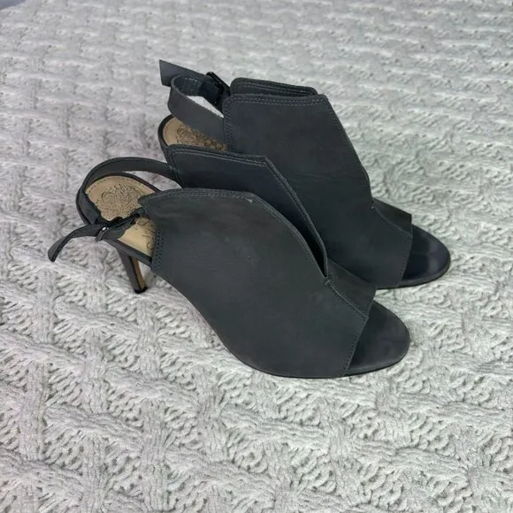 Vince Camuto Catina Gray Suede‎ Peep Toe Stiletto Heel Slingback Sandals Sz 7M