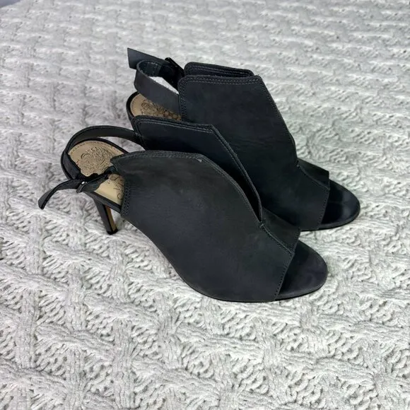 Vince Camuto Catina Gray Suede‎ Peep Toe Stiletto Heel Slingback Sandals Sz 7M