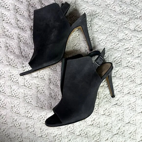 Vince Camuto Catina Gray Suede‎ Peep Toe Stiletto Heel Slingback Sandals Sz 7M