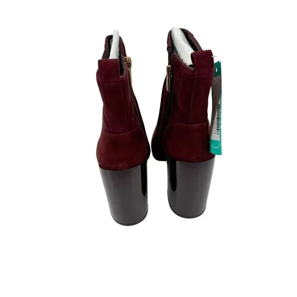 VINCE CAMUTO Enverna Almond-Toe Block Heeled Burgundy Suede Boots size 7.5 NWIB