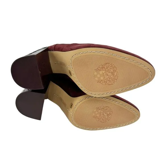 VINCE CAMUTO Enverna Almond-Toe Block Heeled Burgundy Suede Boots size 7.5 NWIB