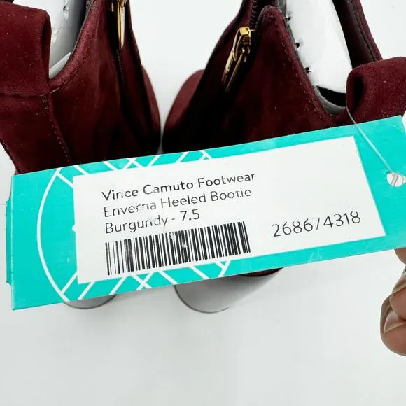 VINCE CAMUTO Enverna Almond-Toe Block Heeled Burgundy Suede Boots size 7.5 NWIB