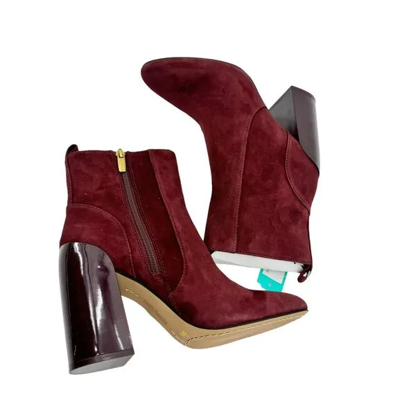 VINCE CAMUTO Enverna Almond-Toe Block Heeled Burgundy Suede Boots size 7.5 NWIB