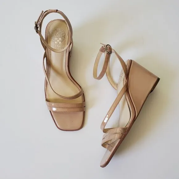 Vince Camuto Seemas Wedge Heel Sandals 8.5W Nude Patent Leather Square Open Toe