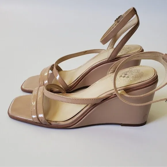Vince Camuto Seemas Wedge Heel Sandals 8.5W Nude Patent Leather Square Open Toe