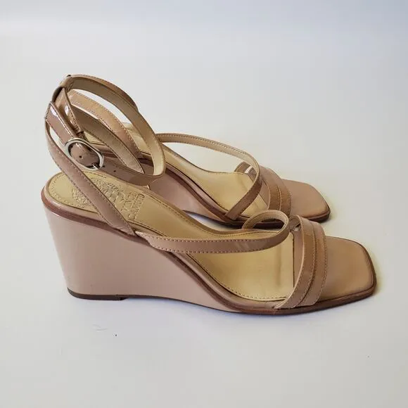 Vince Camuto Seemas Wedge Heel Sandals 8.5W Nude Patent Leather Square Open Toe