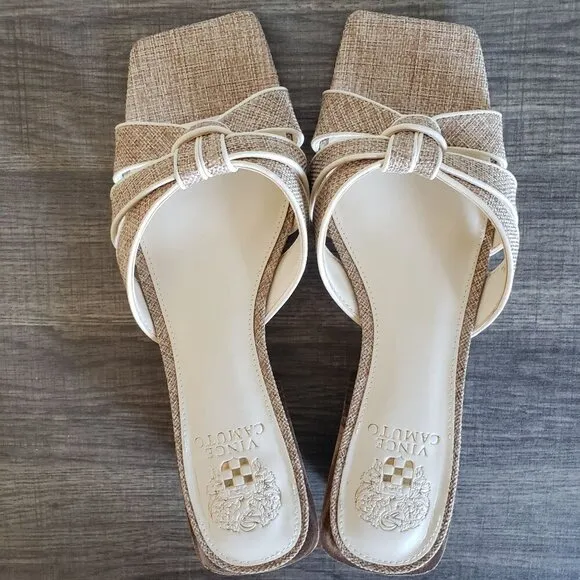 Vince Camuto Selaries Knotted Leather Square Toe Sandals Low Heel Natural Size 9