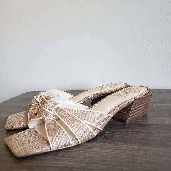 Vince Camuto Selaries Knotted Leather Square Toe Sandals Low Heel Natural Size 9