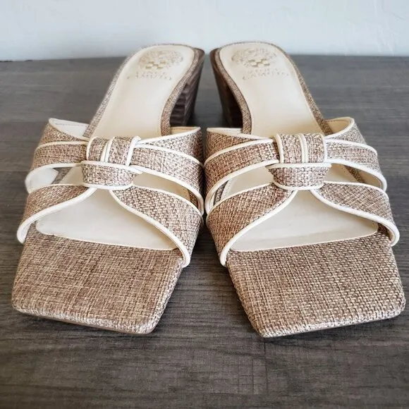 Vince Camuto Selaries Knotted Leather Square Toe Sandals Low Heel Natural Size 9