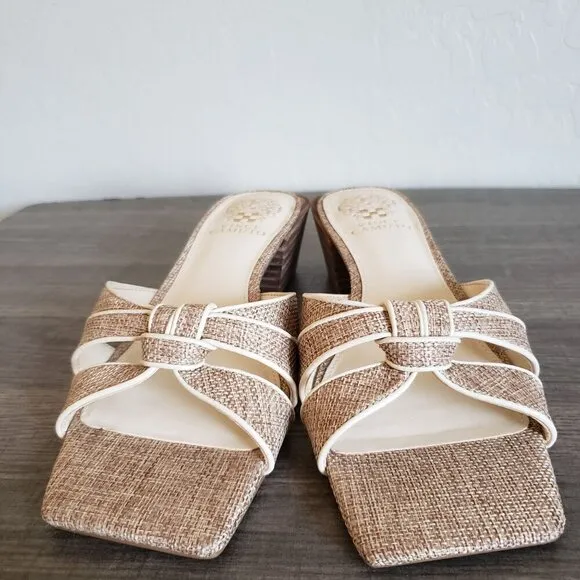 Vince Camuto Selaries Knotted Leather Square Toe Sandals Low Heel Natural Size 9