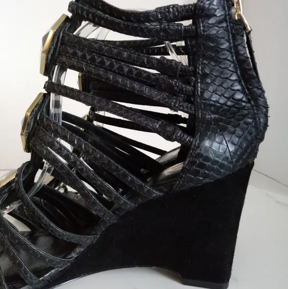 Vince Camuto Signature Emile Jeweled Genuine Leather/Snakeskin Wedge Sandals