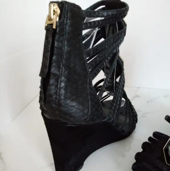 Vince Camuto Signature Emile Jeweled Genuine Leather/Snakeskin Wedge Sandals