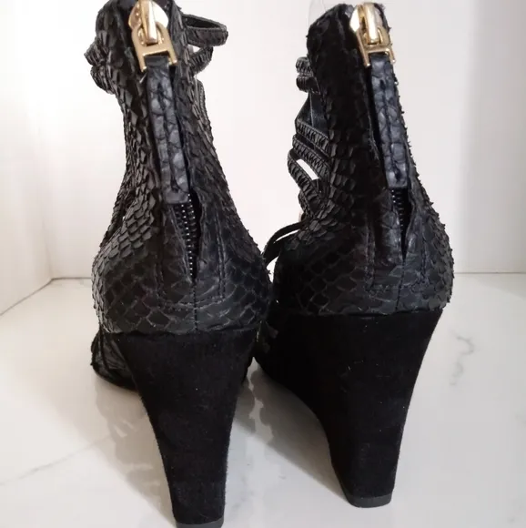 Vince Camuto Signature Emile Jeweled Genuine Leather/Snakeskin Wedge Sandals