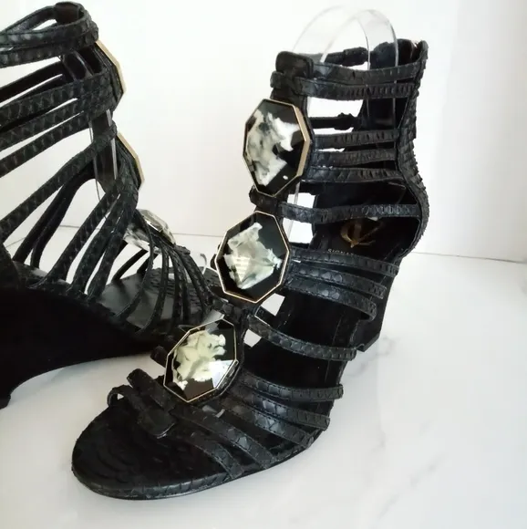 Vince Camuto Signature Emile Jeweled Genuine Leather/Snakeskin Wedge Sandals