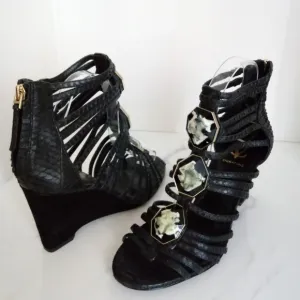 Vince Camuto Signature Emile Jeweled Genuine Leather/Snakeskin Wedge Sandals