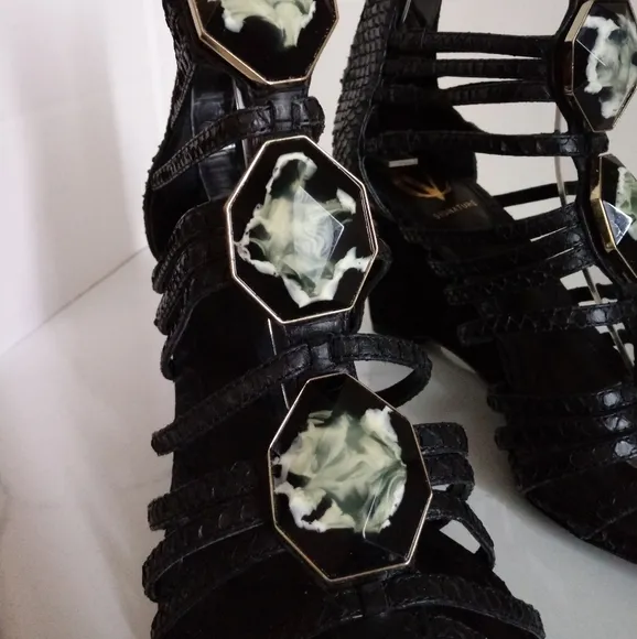 Vince Camuto Signature Emile Jeweled Genuine Leather/Snakeskin Wedge Sandals