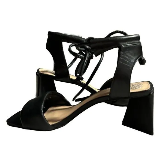 VInce Camuto Vernisa, Block Heel Black Leather Stappy Sandals Shoes Size 8