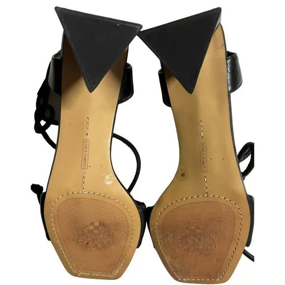 VInce Camuto Vernisa, Block Heel Black Leather Stappy Sandals Shoes Size 8