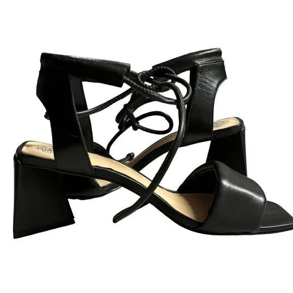 VInce Camuto Vernisa, Block Heel Black Leather Stappy Sandals Shoes Size 8