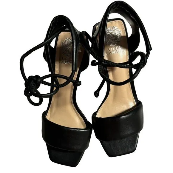 VInce Camuto Vernisa, Block Heel Black Leather Stappy Sandals Shoes Size 8
