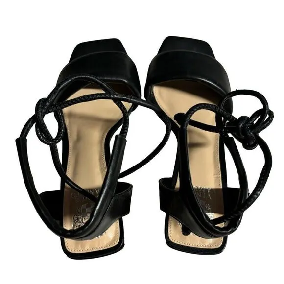 VInce Camuto Vernisa, Block Heel Black Leather Stappy Sandals Shoes Size 8