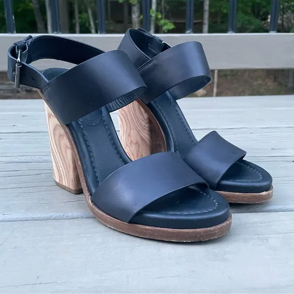 Vince Haley Black Leather Wood Block Heel Sandals size 7.5 M