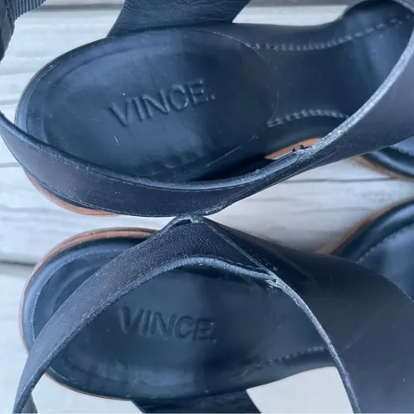 Vince Haley Black Leather Wood Block Heel Sandals size 7.5 M