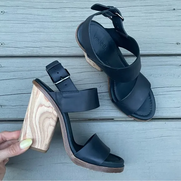 Vince Haley Black Leather Wood Block Heel Sandals size 7.5 M