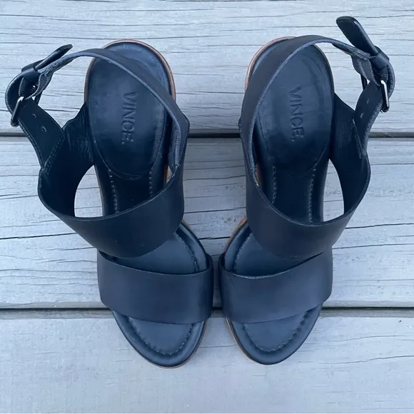 Vince Haley Black Leather Wood Block Heel Sandals size 7.5 M