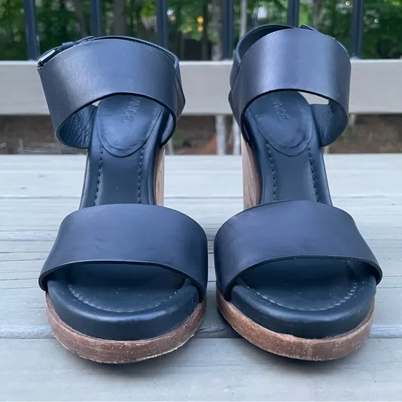 Vince Haley Black Leather Wood Block Heel Sandals size 7.5 M