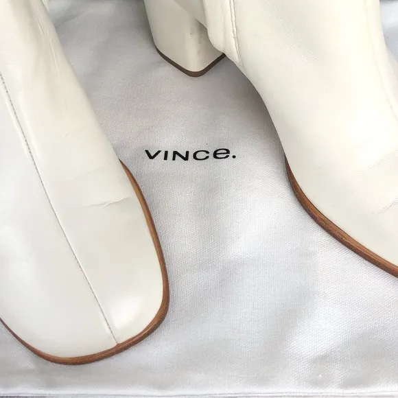 Vince Maggie White Leather Block Heel Ankle Boots Booties Women’s Size 7.5