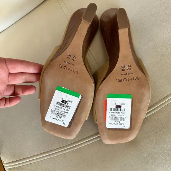 Vince Pia Leather Square Toe Stacked Wedge Heel Sandals in Blonde Size 8 New