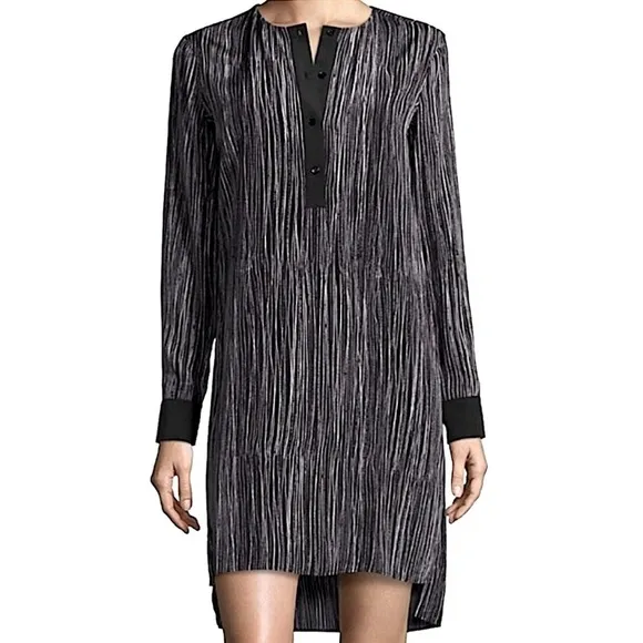 VINCE Pure Silk Black &amp; White Wavy Stripe High Low Popover Tunic Dress