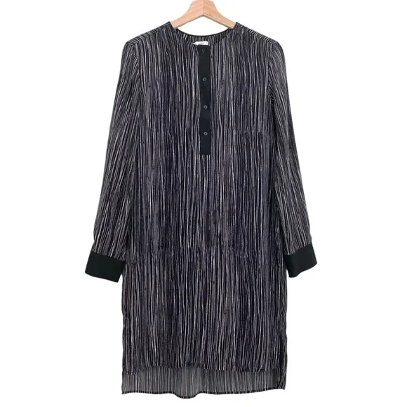 VINCE Pure Silk Black &amp; White Wavy Stripe High Low Popover Tunic Dress