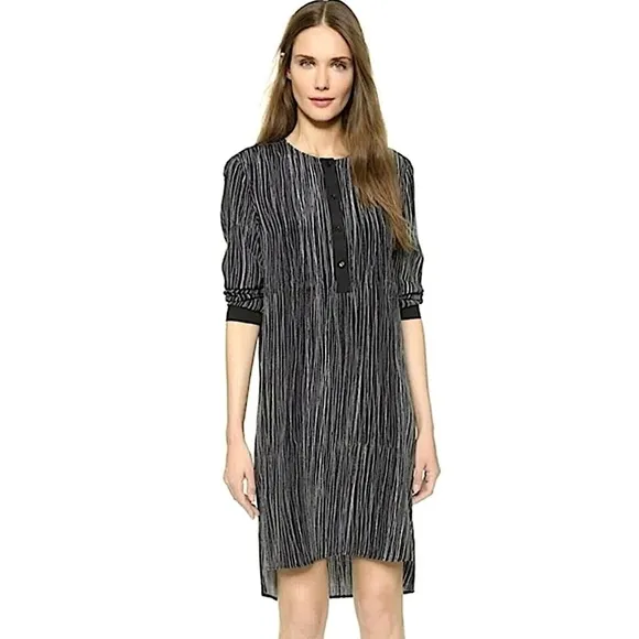 VINCE Pure Silk Black &amp; White Wavy Stripe High Low Popover Tunic Dress