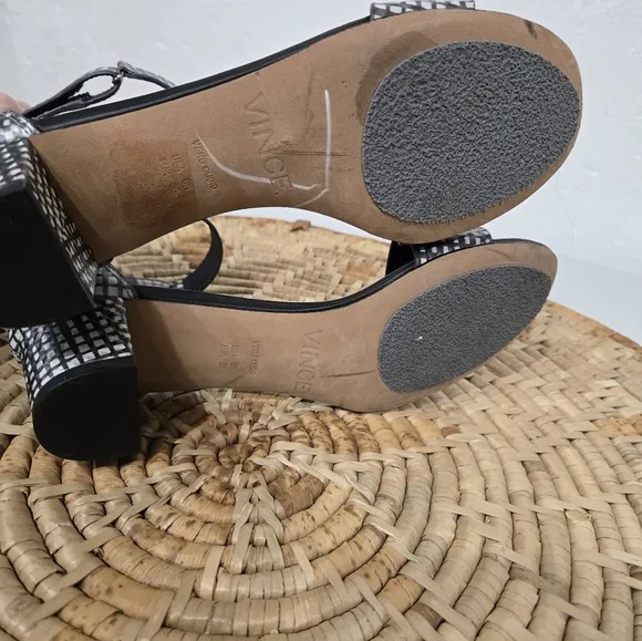 Vince Rita Black White Checkered Block Heel Sandals 6