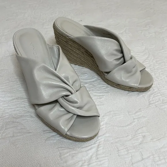 Vince Sylvia Wedge Espadrille Sandals Knotted Slip On Cream Leather Heel…