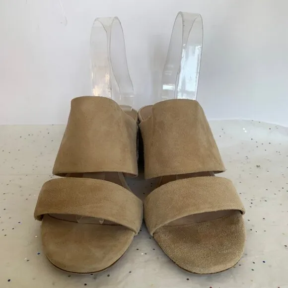 Vince Tan Suede Double Strap Benetta Slide Mule Block Heel Sandals - Size 8