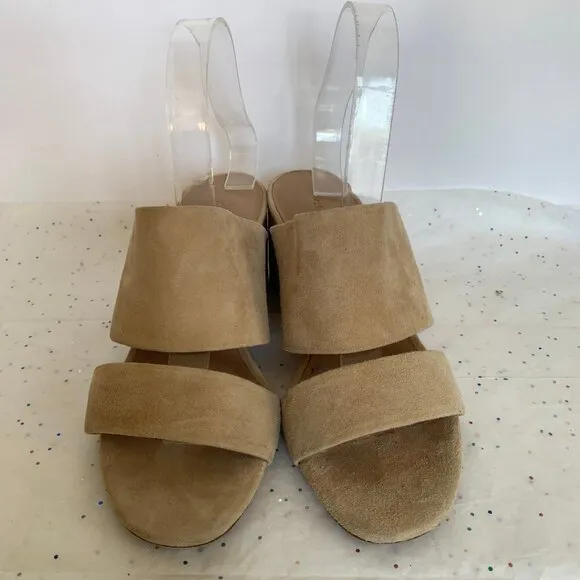 Vince Tan Suede Double Strap Benetta Slide Mule Block Heel Sandals - Size 8