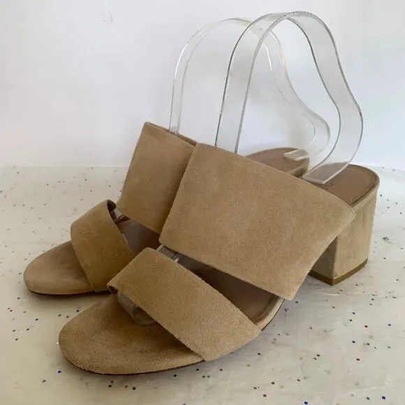 Vince Tan Suede Double Strap Benetta Slide Mule Block Heel Sandals - Size 8
