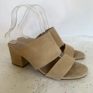 Vince Tan Suede Double Strap Benetta Slide Mule Block Heel Sandals - Size 8