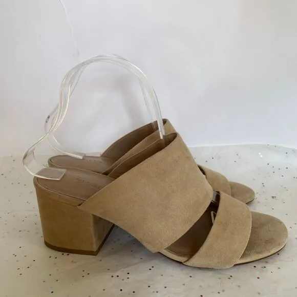 Vince Tan Suede Double Strap Benetta Slide Mule Block Heel Sandals - Size 8