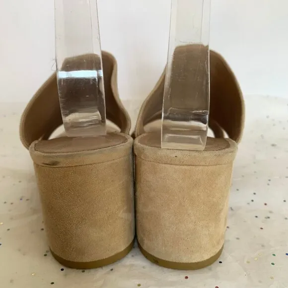 Vince Tan Suede Double Strap Benetta Slide Mule Block Heel Sandals - Size 8